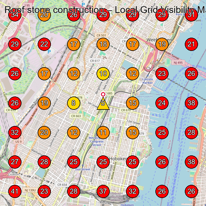Roof stone construction GeoGrid visibility map for Masonry Contractor in Jersey City